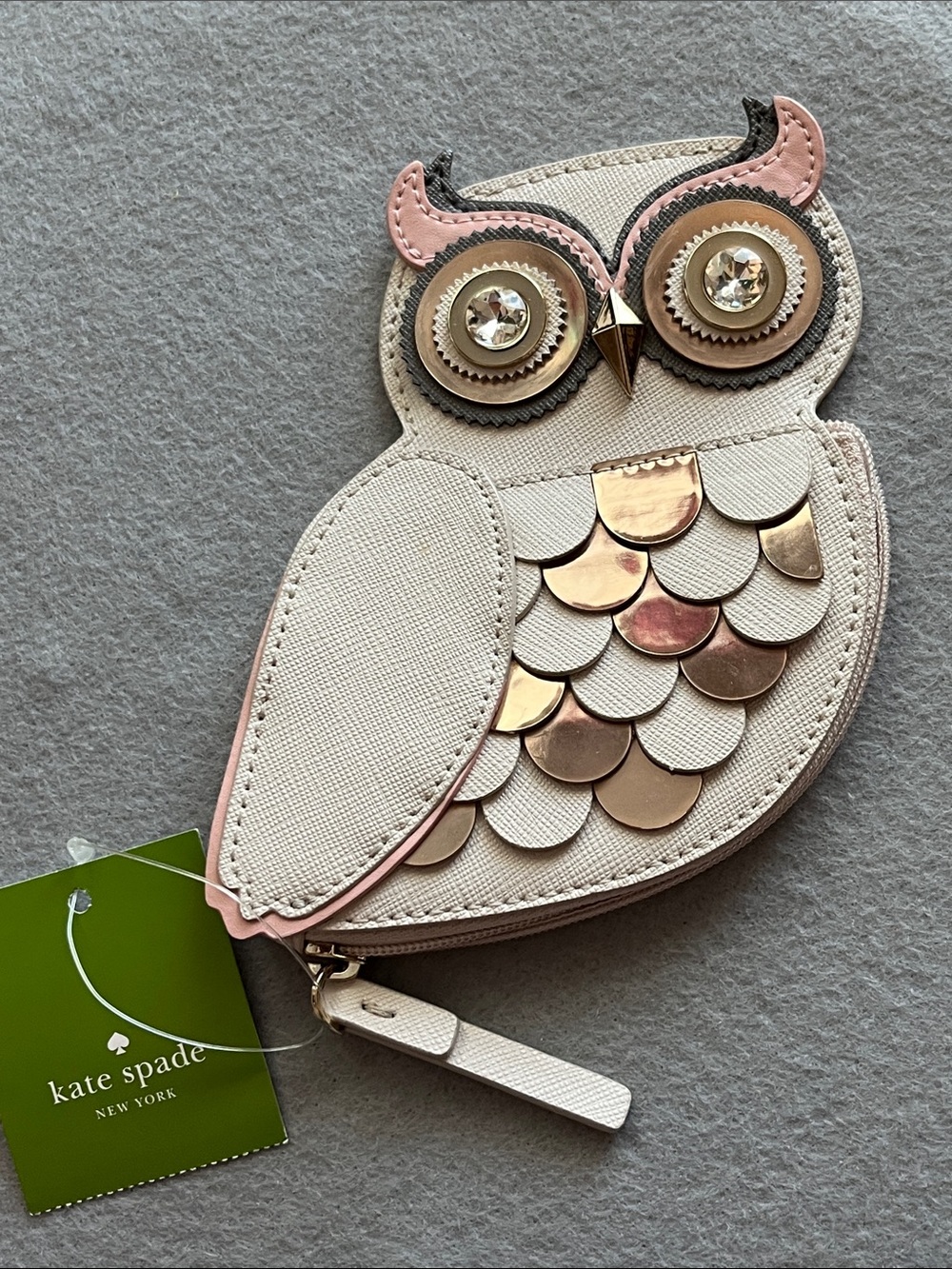 kate spade Cream and Pink Owl Coin Wallet with Gold Scales